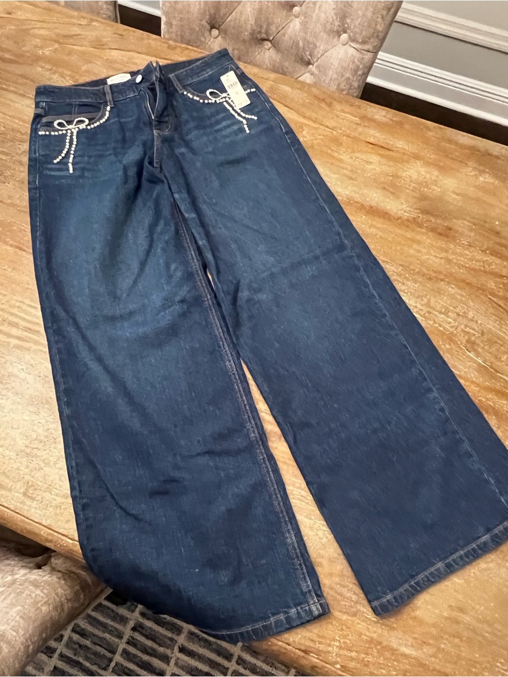 Anthropologie Dark Blue Wide-Leg Jeans with Pearl Bow Accents